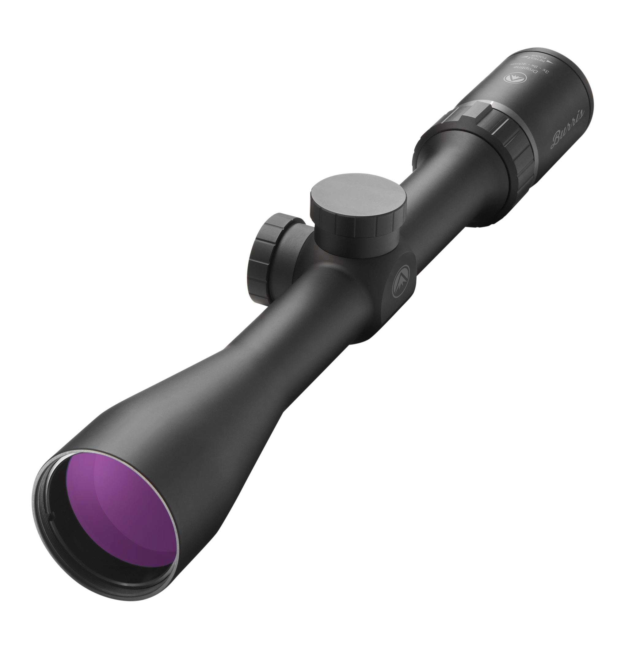 A black rifle scope with purple lens and three different colors of light.