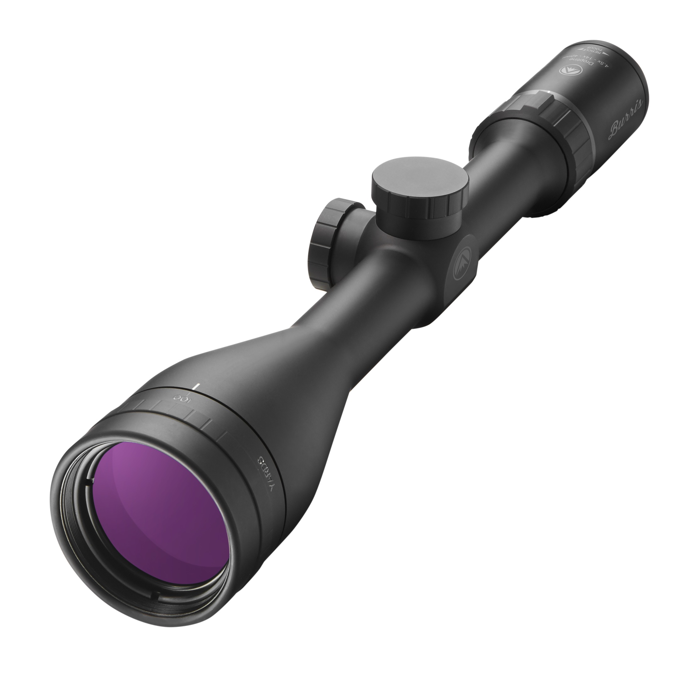 A rifle scope with purple filter in it.