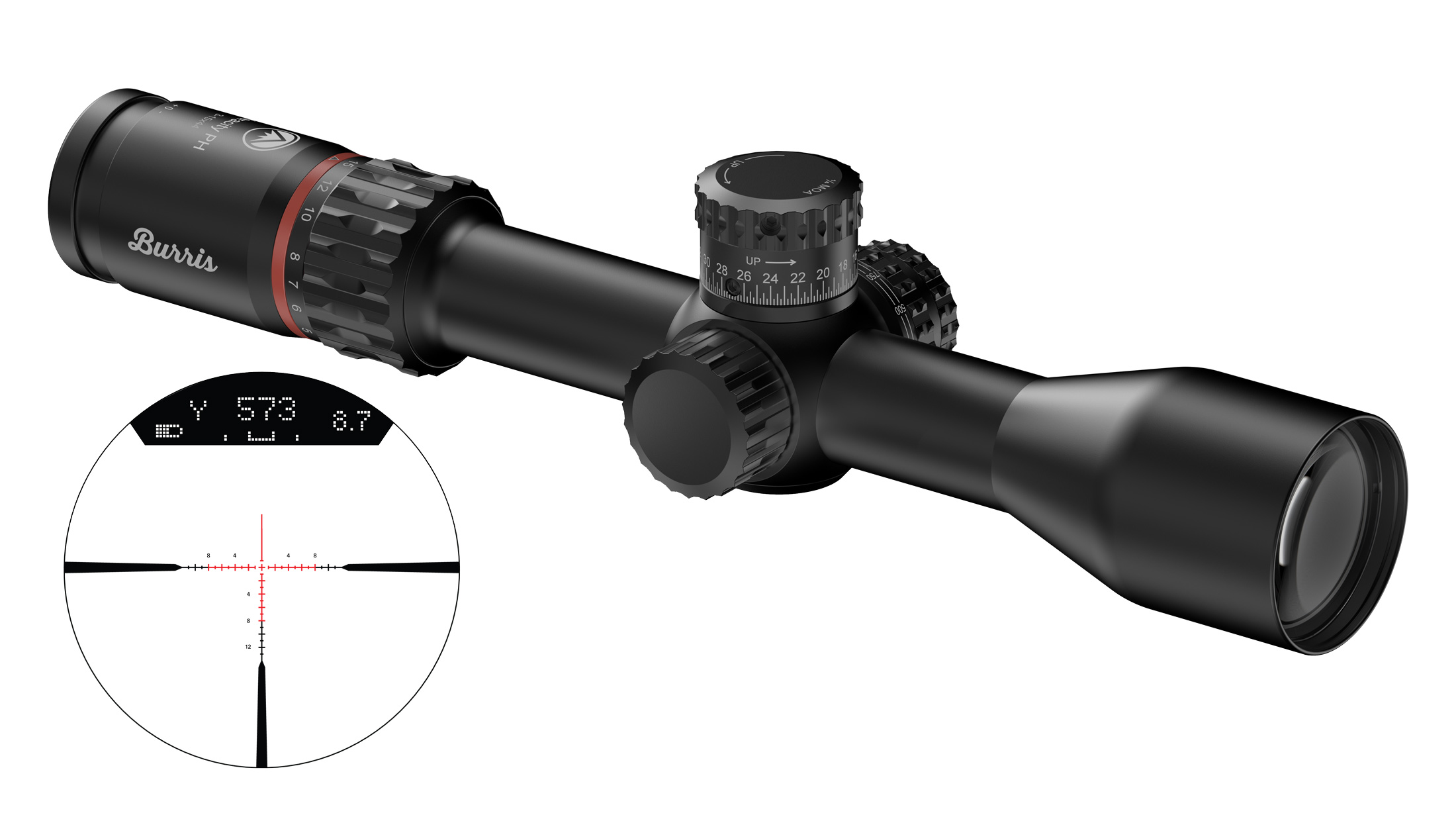 A rifle scope with a red dot sight and a magnifying glass.