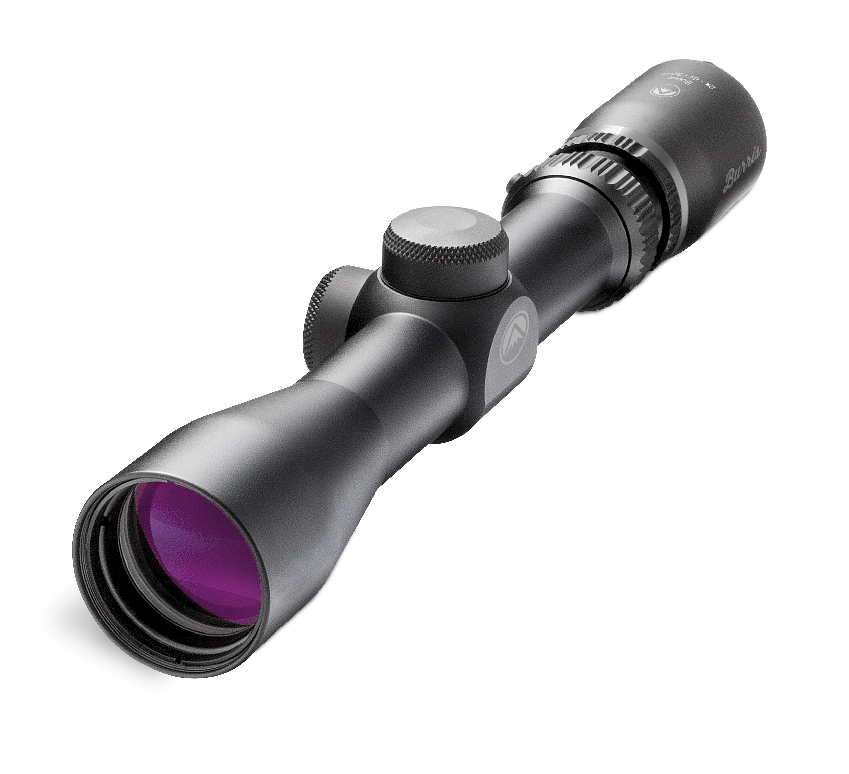 A rifle scope with purple lens and black frame.