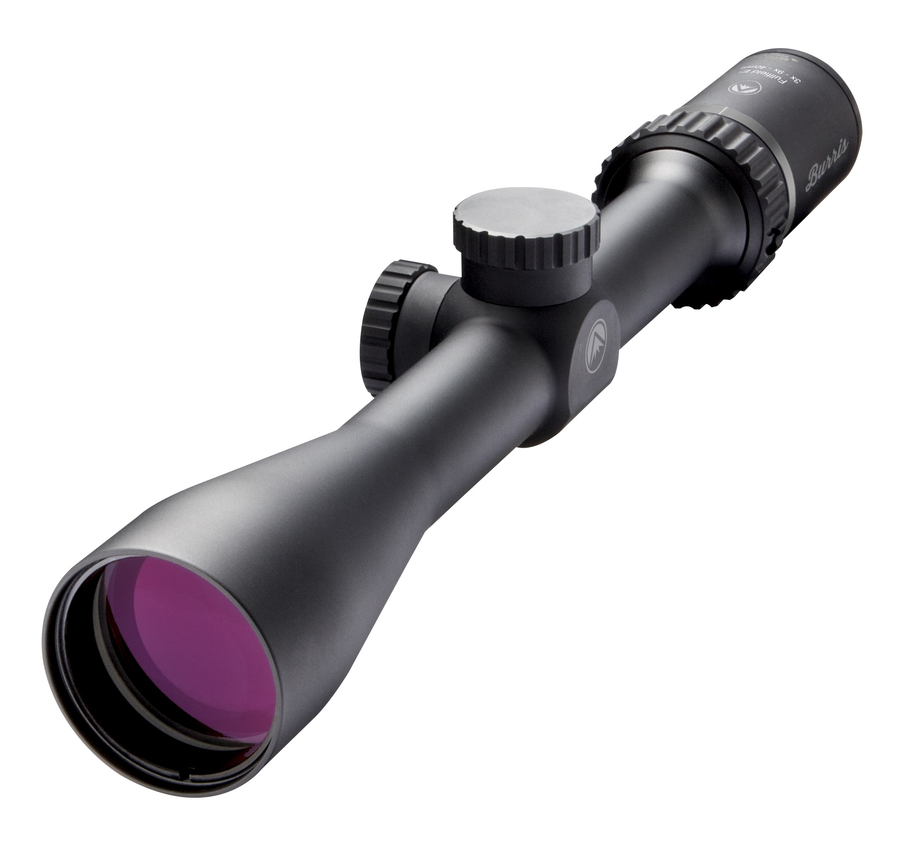 A rifle scope with purple lens and black frame.