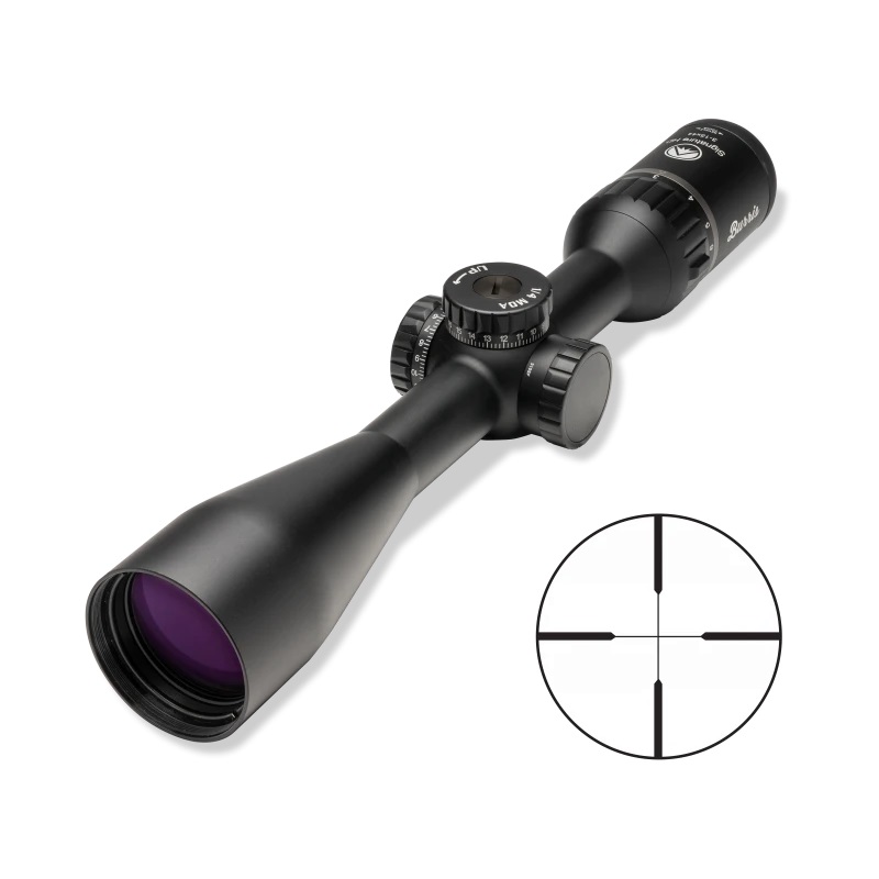 A rifle scope with a black background and a purple dot