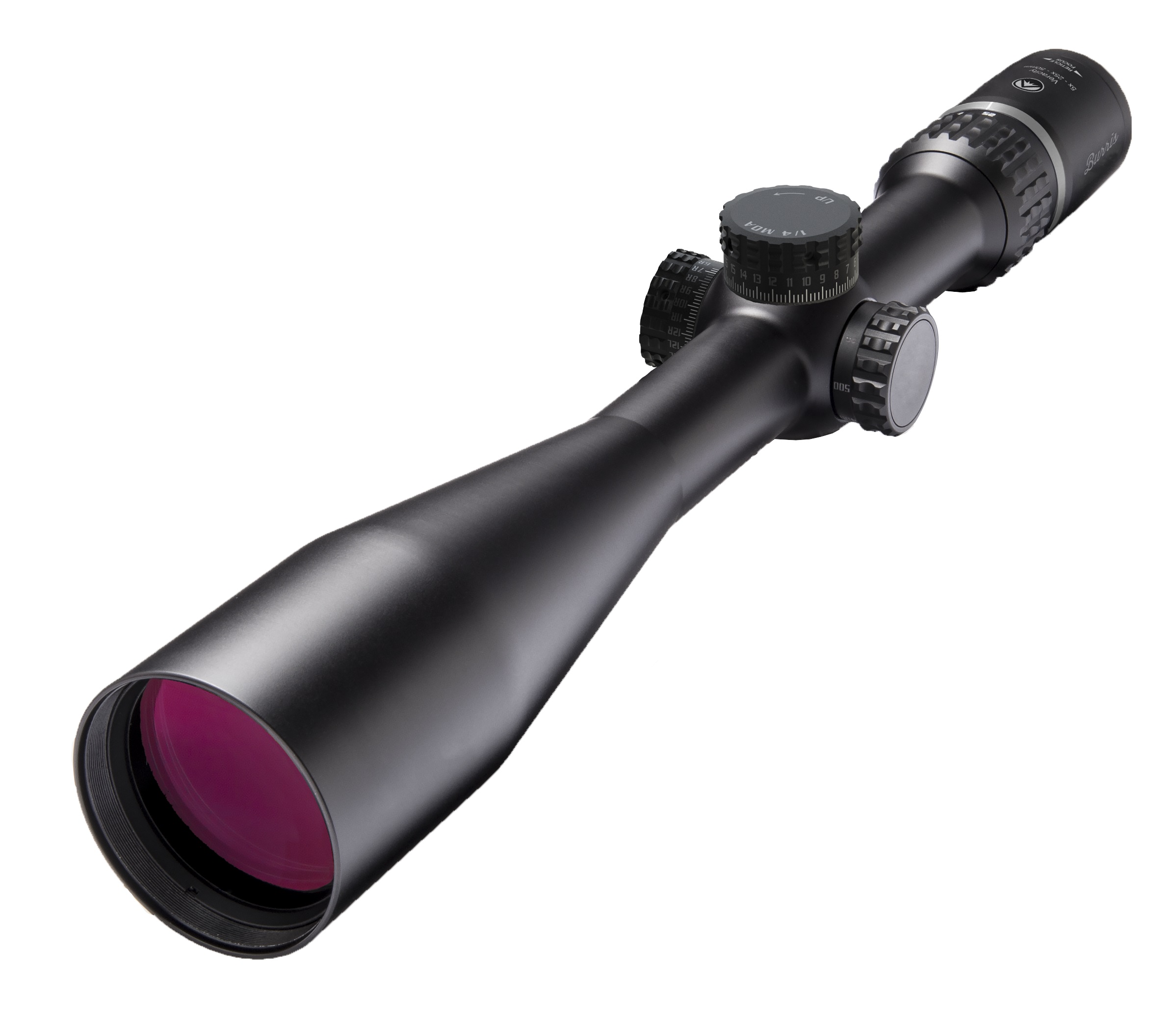 A rifle scope with red filter and black background