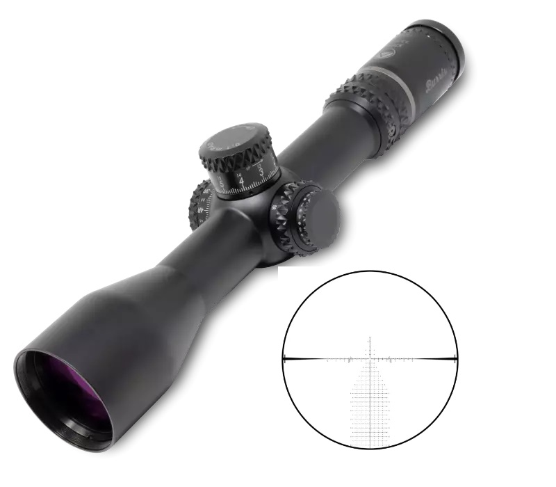 A rifle scope with a white dot in the center of it.