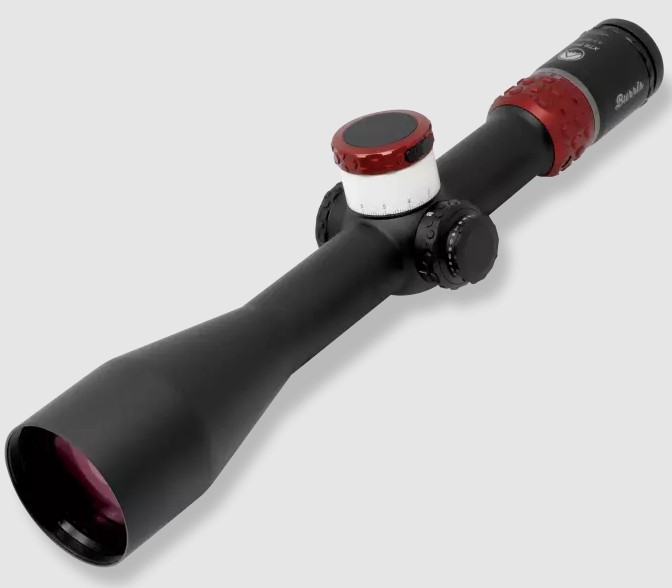 A rifle scope with red accents on it.