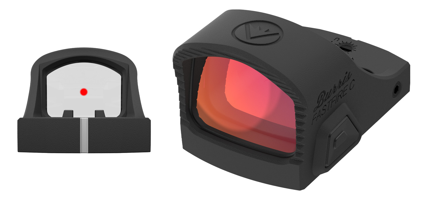 Red dot sight with lens and mount.