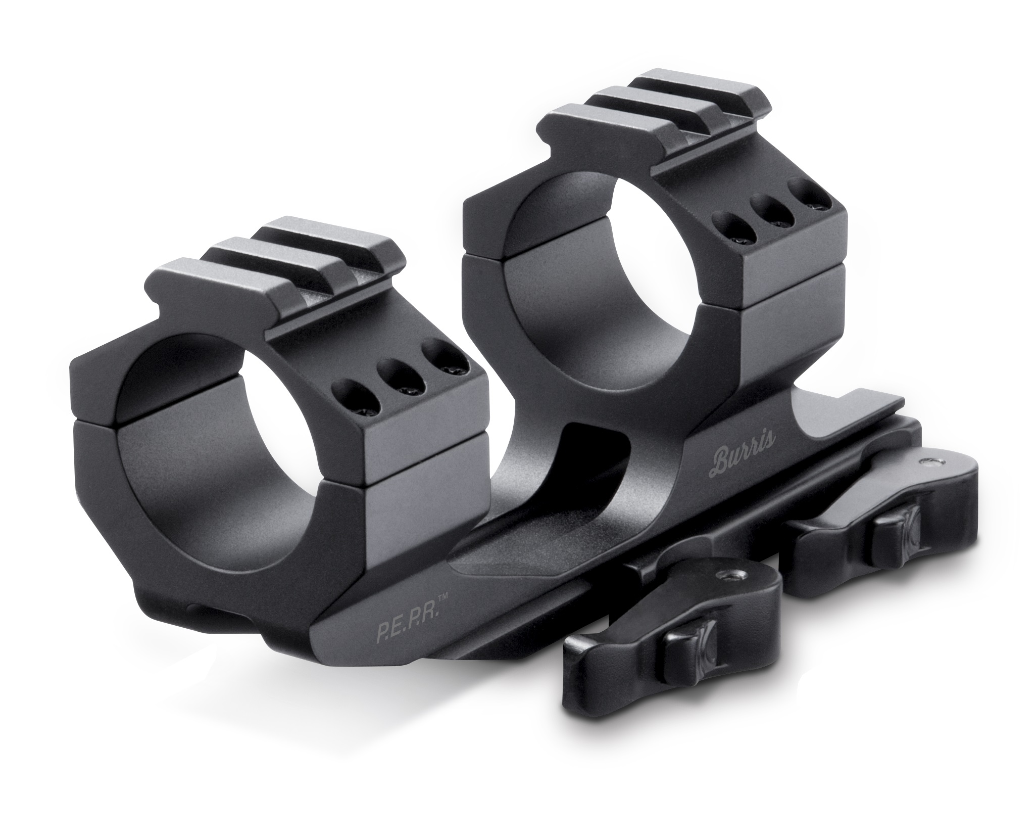 A pair of black metal scope mounts with one on the side.