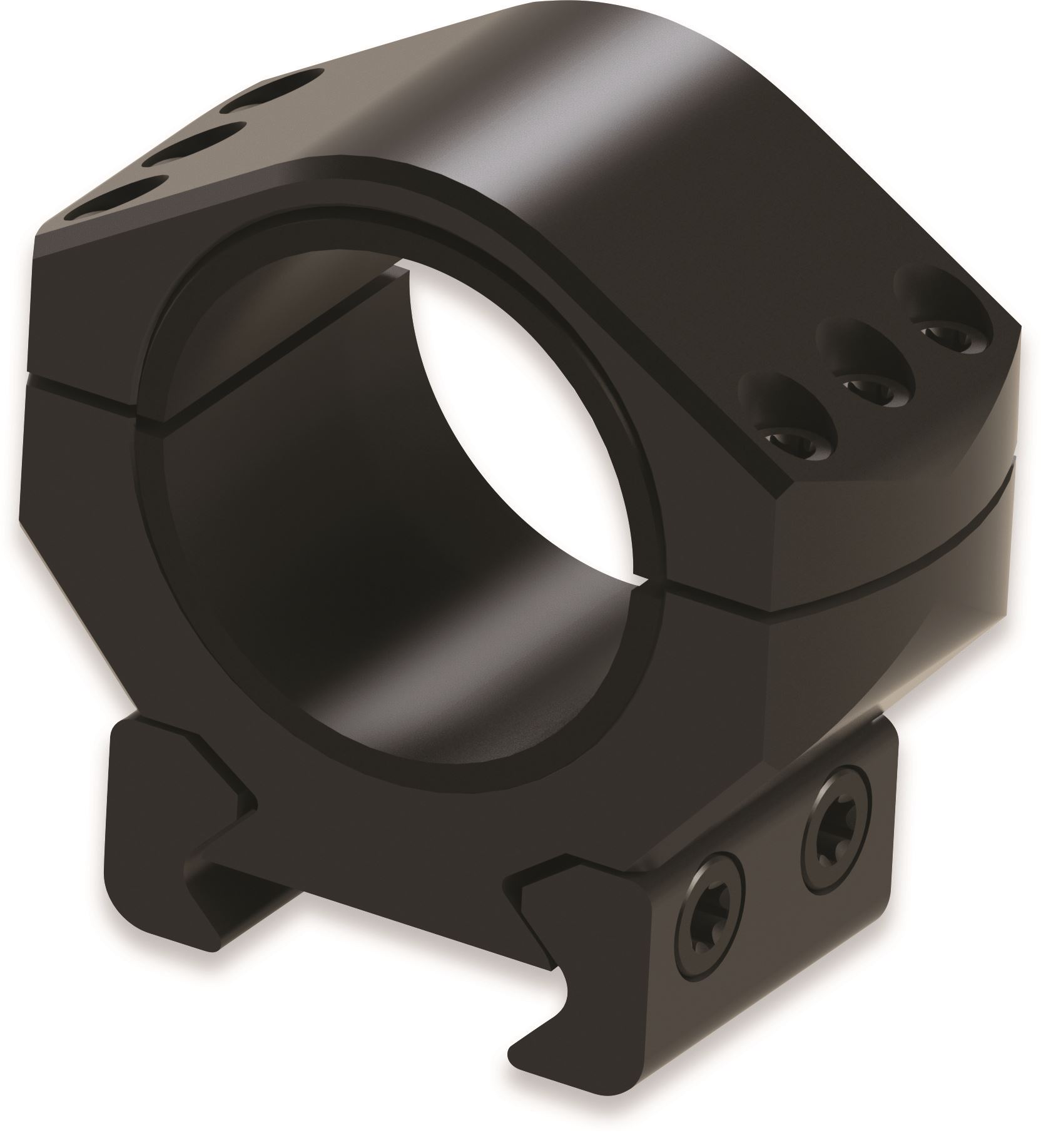 Black scope mount with hexagonal design.