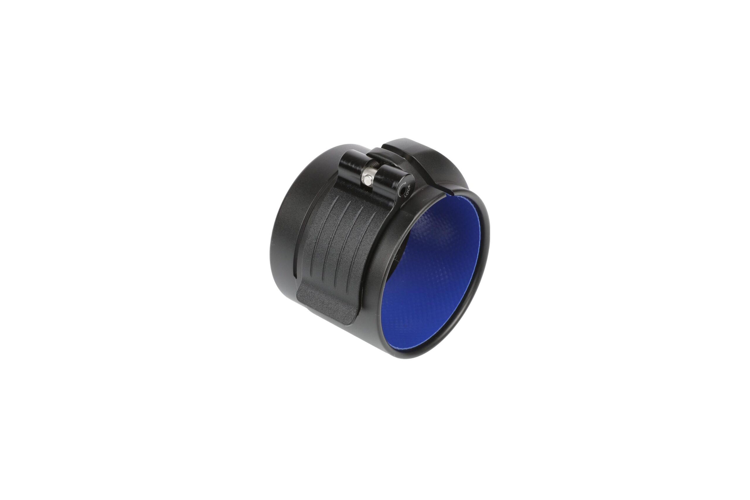 Black cup with blue interior and clamp.