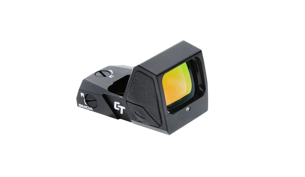 Black red dot sight with colored lens.