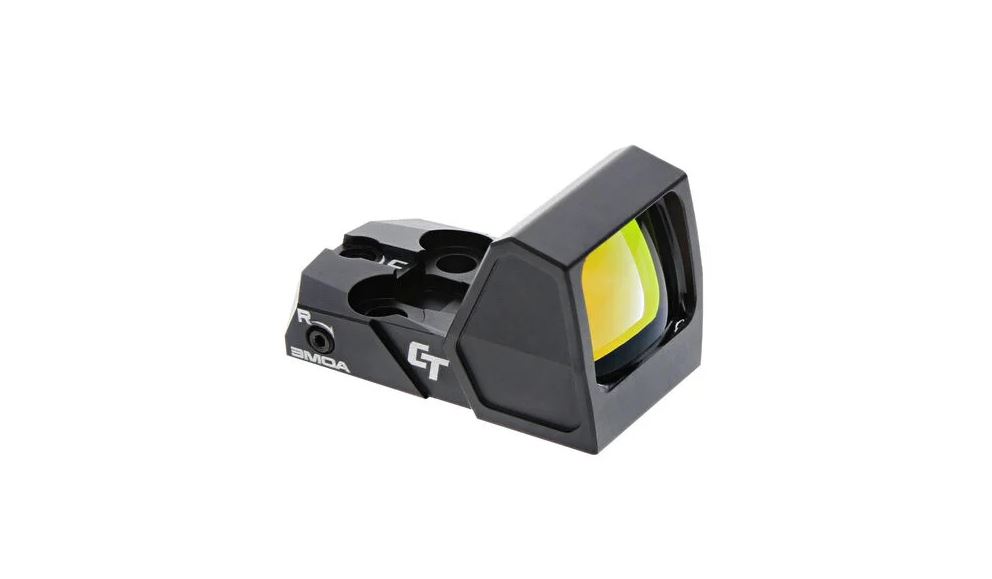 Red dot sight with a yellow lens.