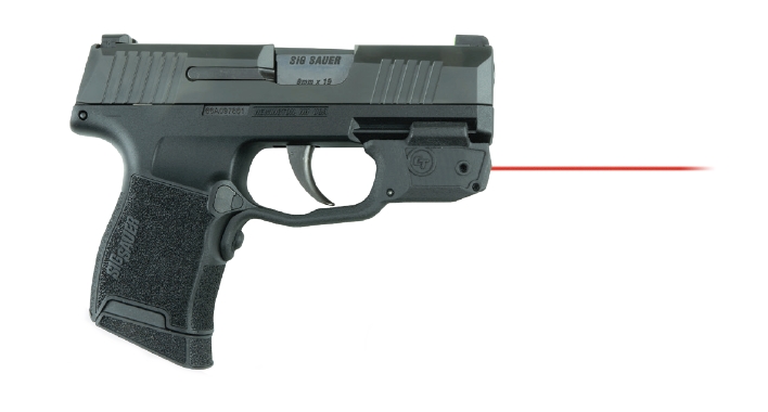 Black handgun with laser attachment.