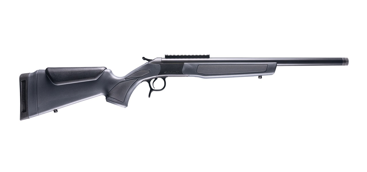 Black hunting rifle with synthetic stock.