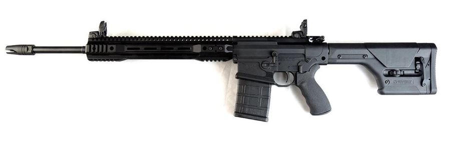 Black semi-automatic rifle on white background.