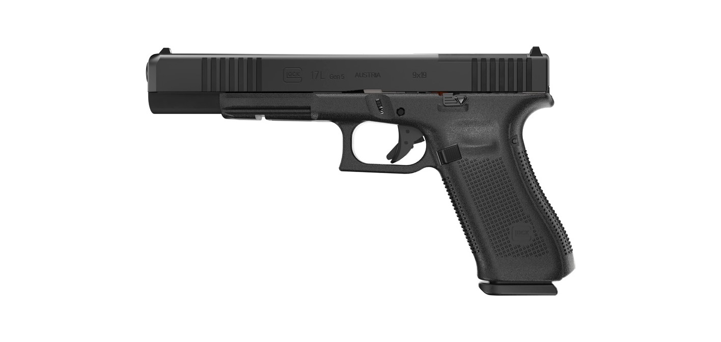 Black semi-automatic pistol on a white background.