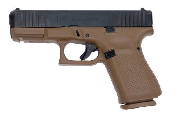 Brown semi-automatic handgun on white background.