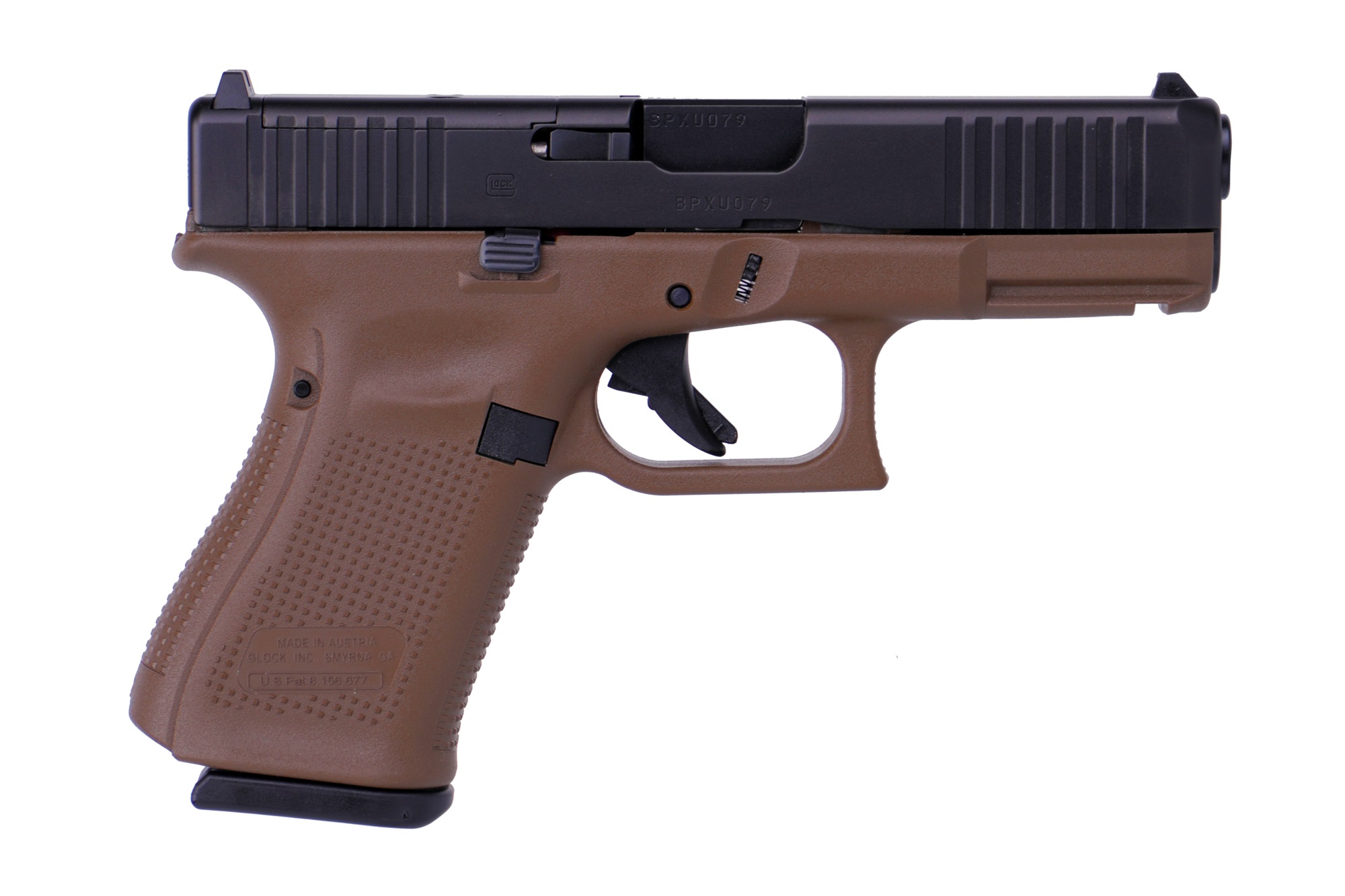 Brown semi-automatic handgun on white background.