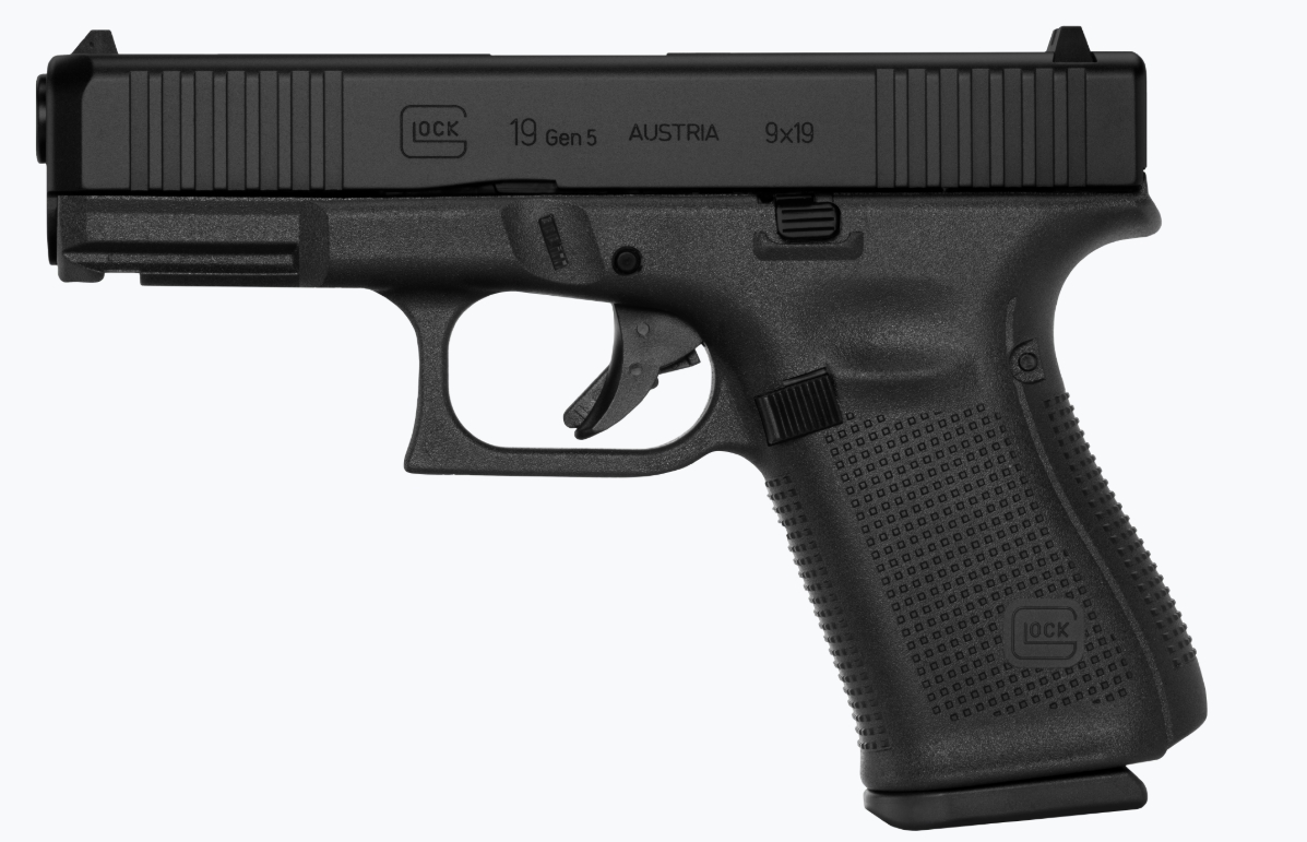 Black Glock 19 Gen 5 handgun on display.