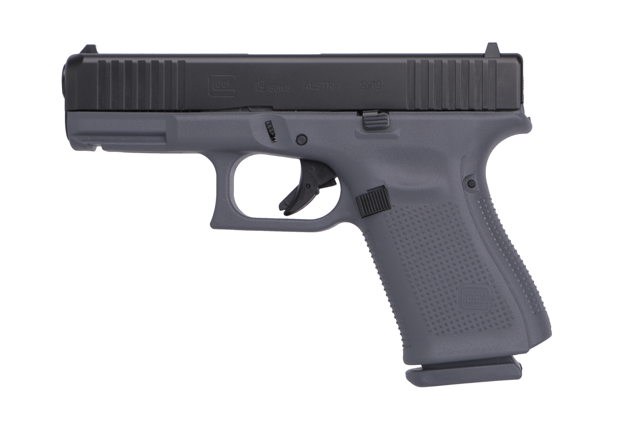 Black and gray semi-automatic handgun.