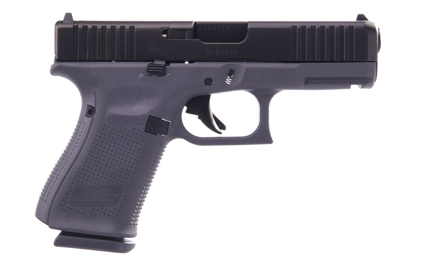 Black semi-automatic handgun on white background.