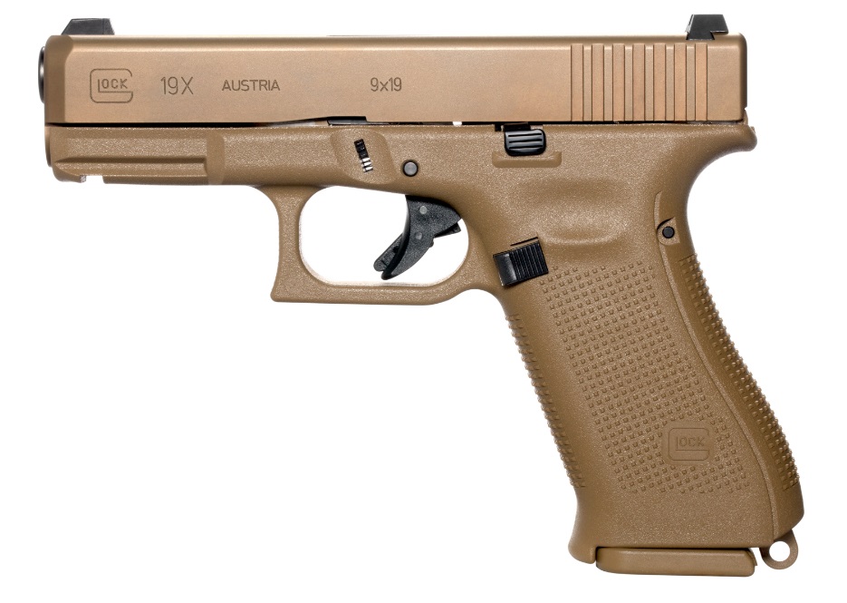 Glock 19X handgun in tan color.