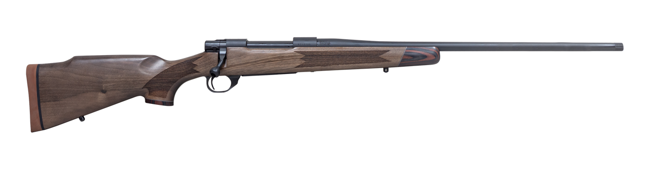 Wooden stock rifle with long barrel.