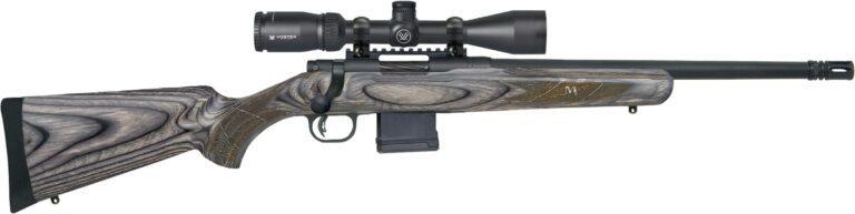 Bolt-action rifle with scope attachment.