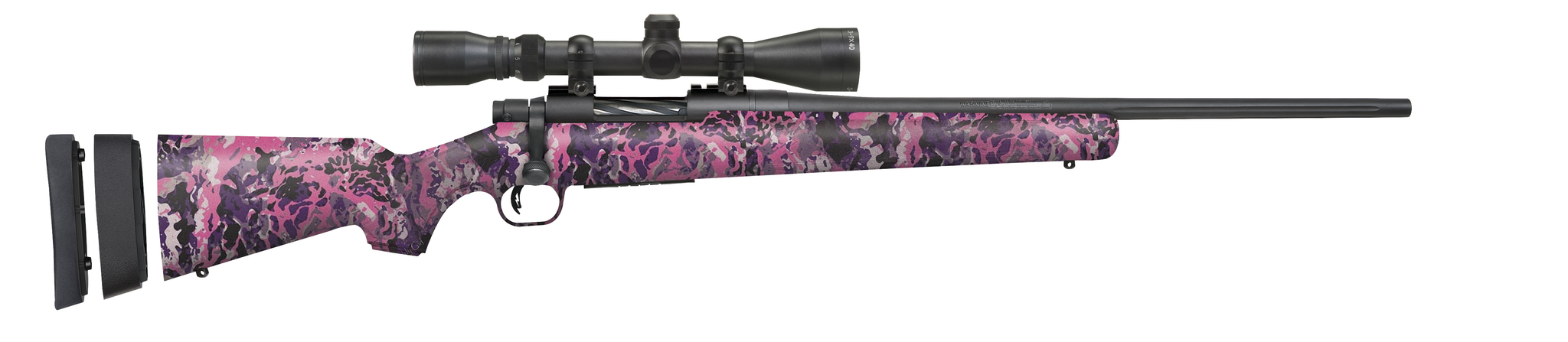 Pink camo rifle with attached scope.