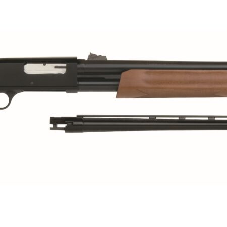 Shotgun with wooden stock and barrel assembly.