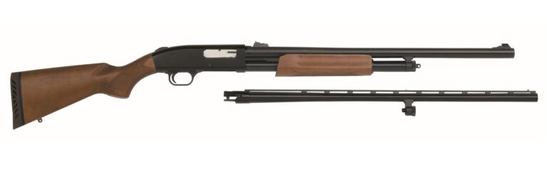 Shotgun with wooden stock and barrel assembly.