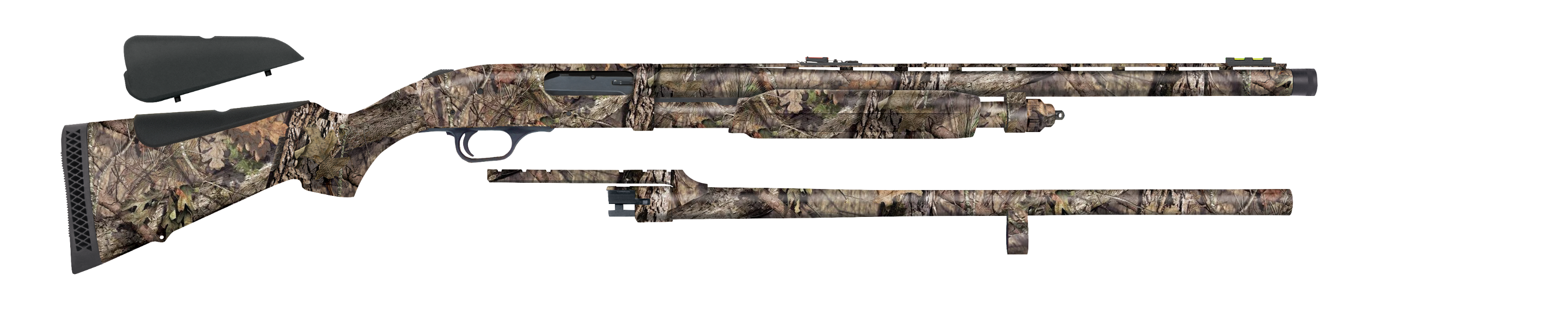 Camo-patterned shotgun displayed in pieces.