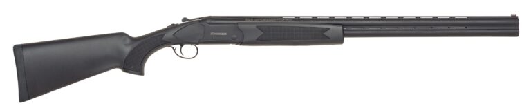 Black double-barrel shotgun on white background.