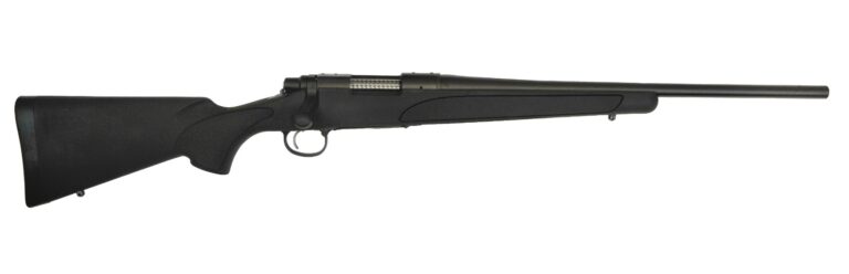 Black bolt-action rifle side view.