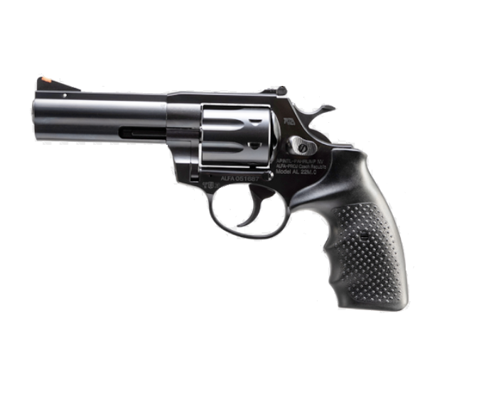 Revolver gun with a black grip.