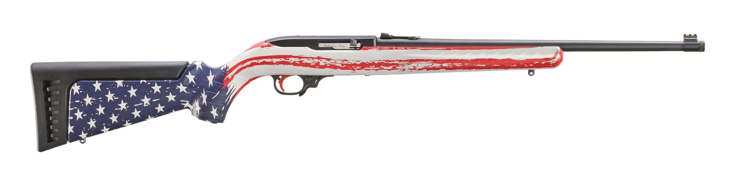 A red and white rifle with a black barrel.