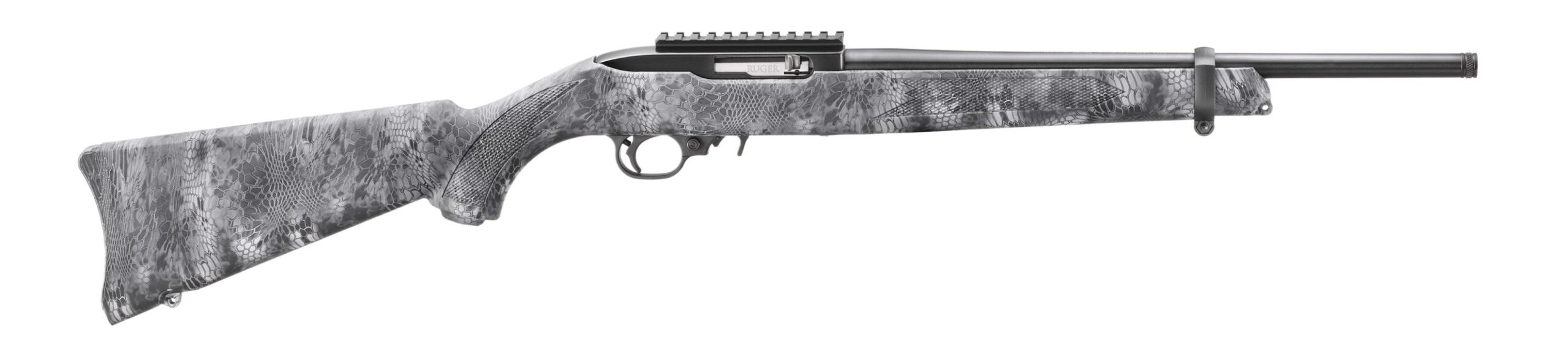 Gray-patterned rifle against a white background.