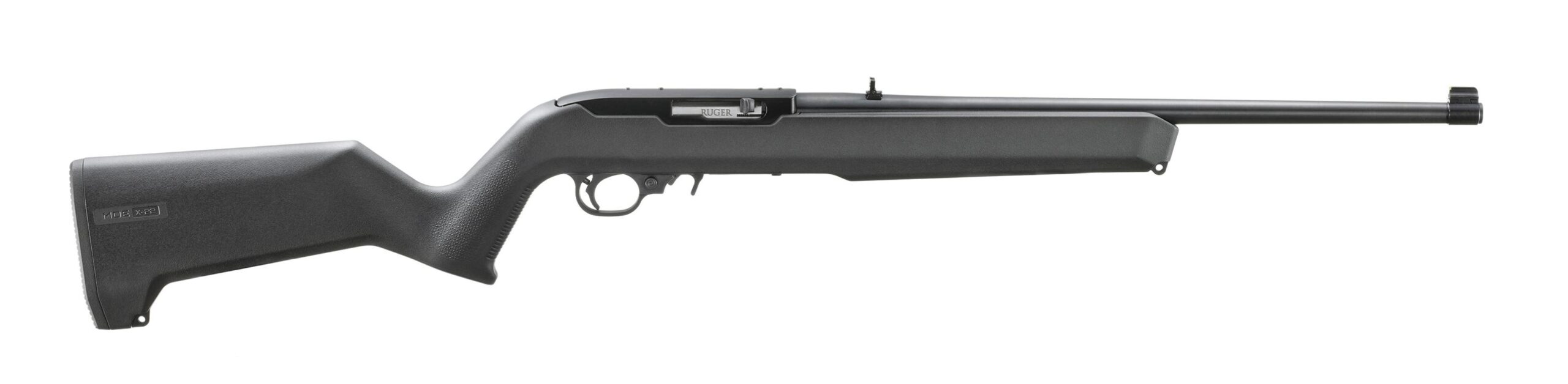 A black rifle with a white background