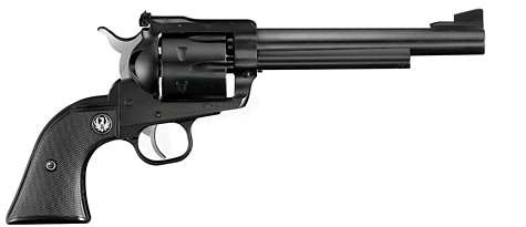 Black revolver with a long barrel.