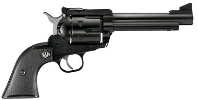 Black revolver on a white background.