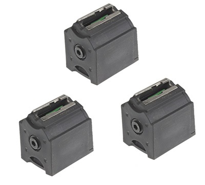 Three black plastic boxes with a metal handle.