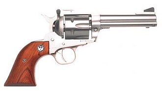 Silver revolver with wooden grip.