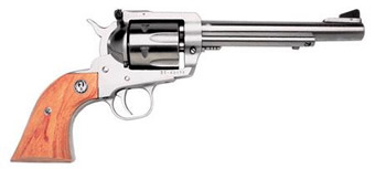 Stainless steel revolver with wooden handle.