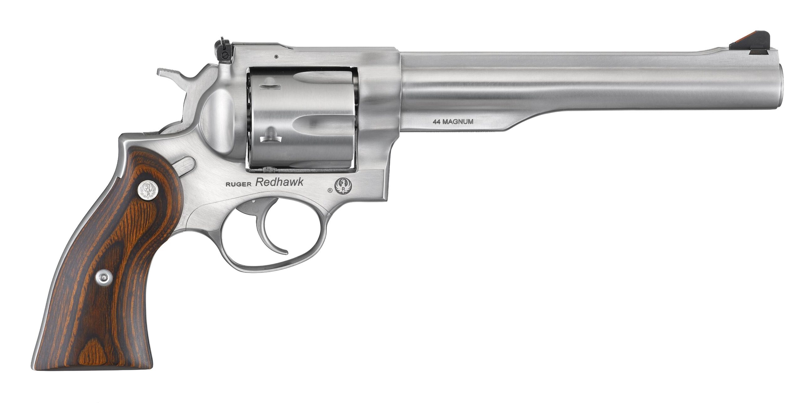 Silver revolver with wooden grip.