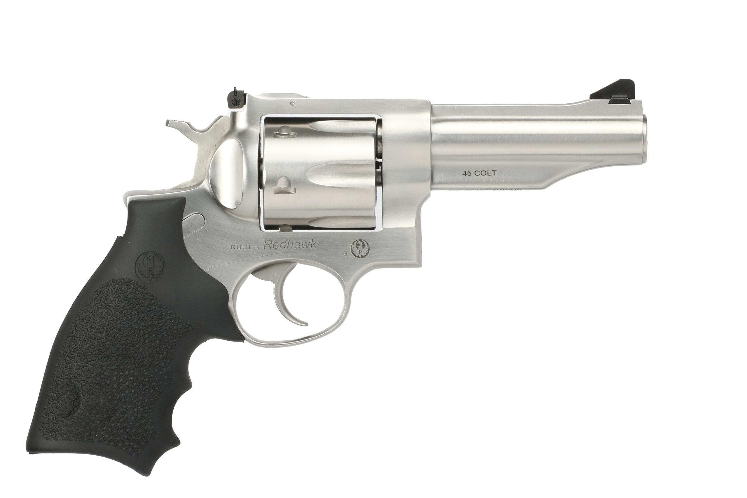 Stainless steel revolver with black grip.