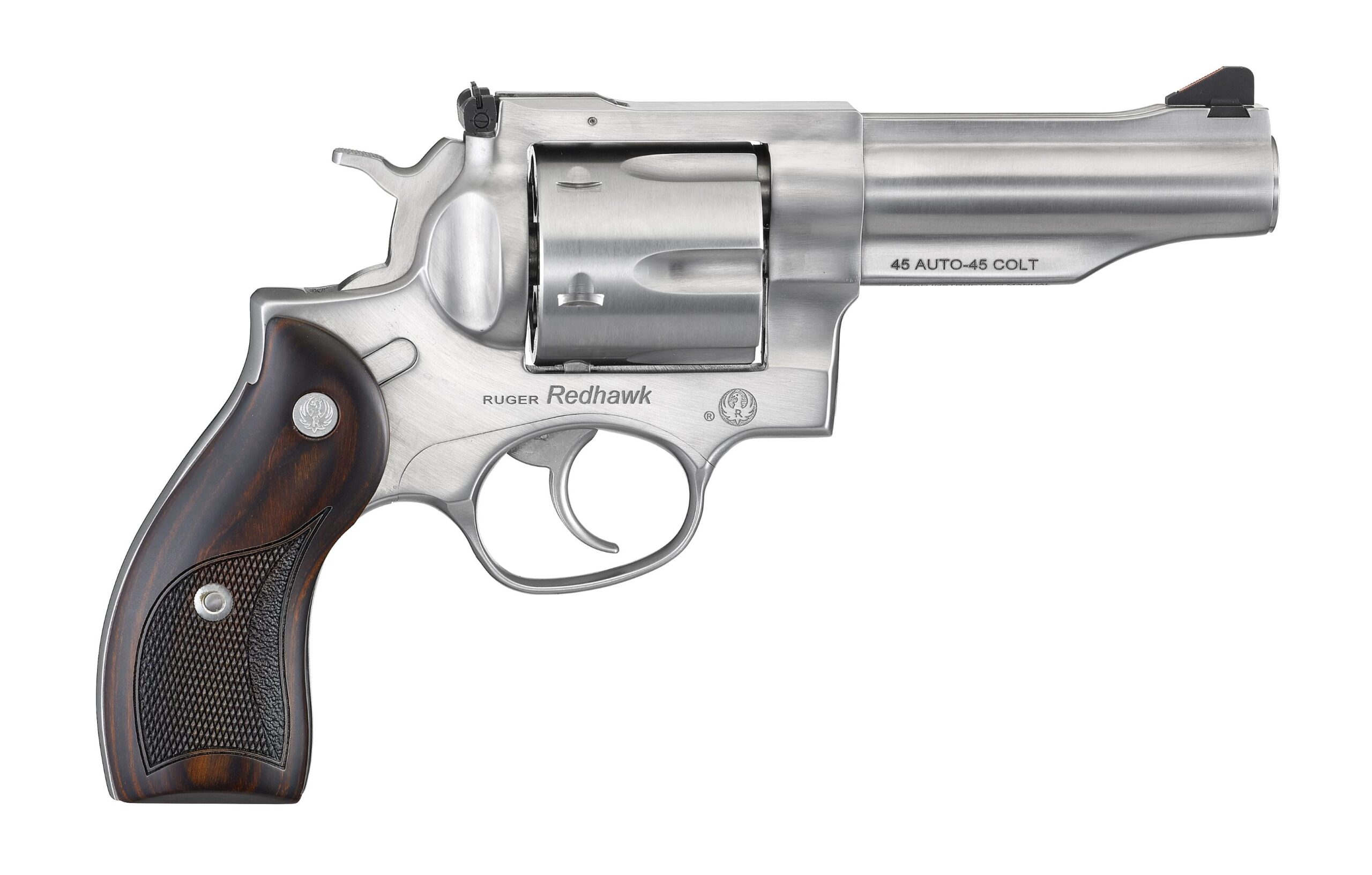 Stainless steel Ruger Redhawk revolver.