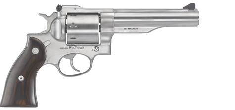 Stainless steel revolver with wooden grip.