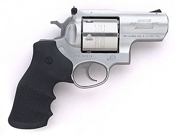 Silver revolver with black grip.