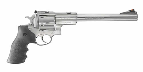 Silver revolver with black grip.