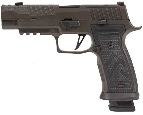 Handgun with a dark green finish.