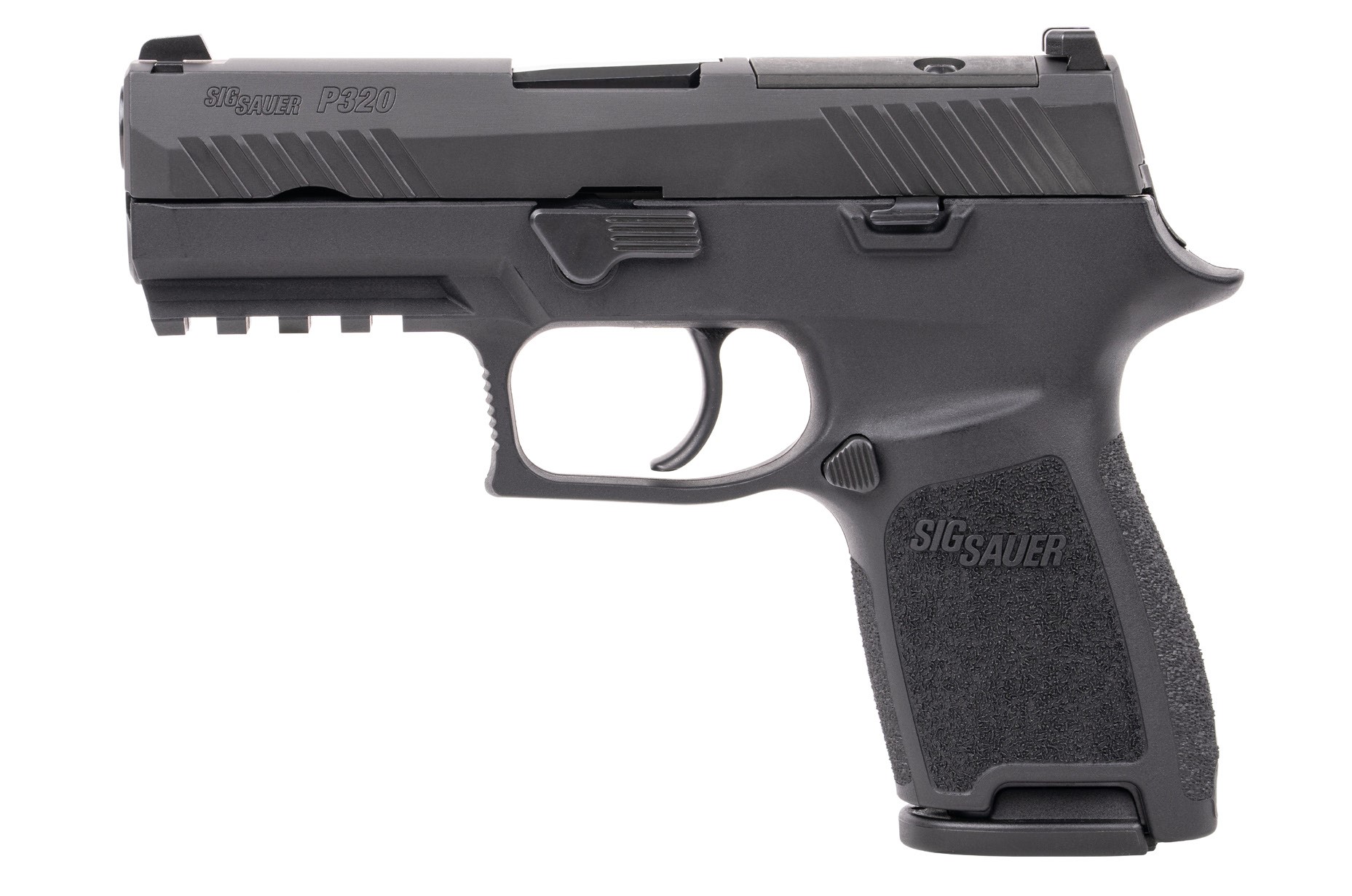 Black SIG Sauer P320 pistol, side view.